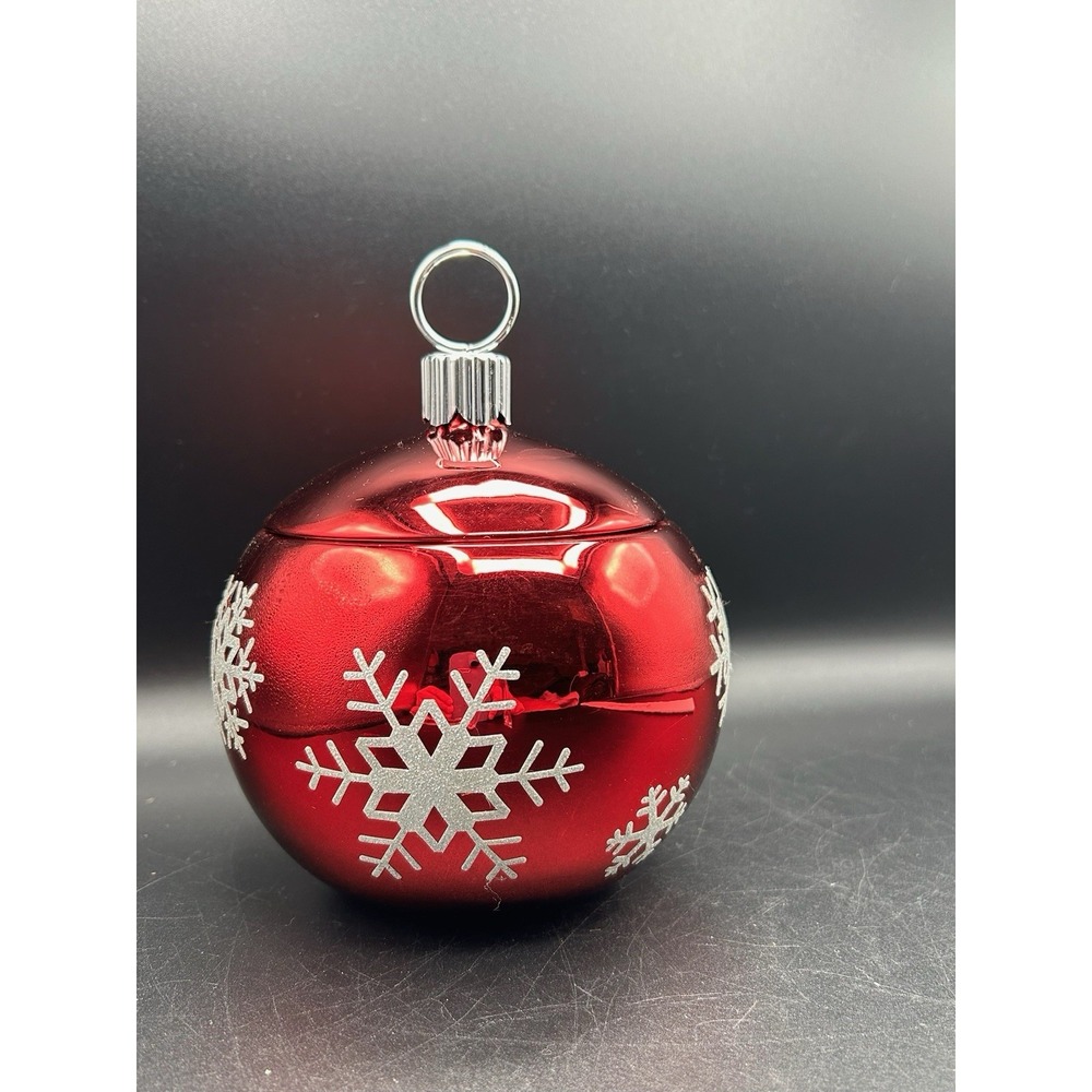 Teleflora Lidded Red Ornament Candy Jar W/ Glittered Snowflakes Holiday Decor
